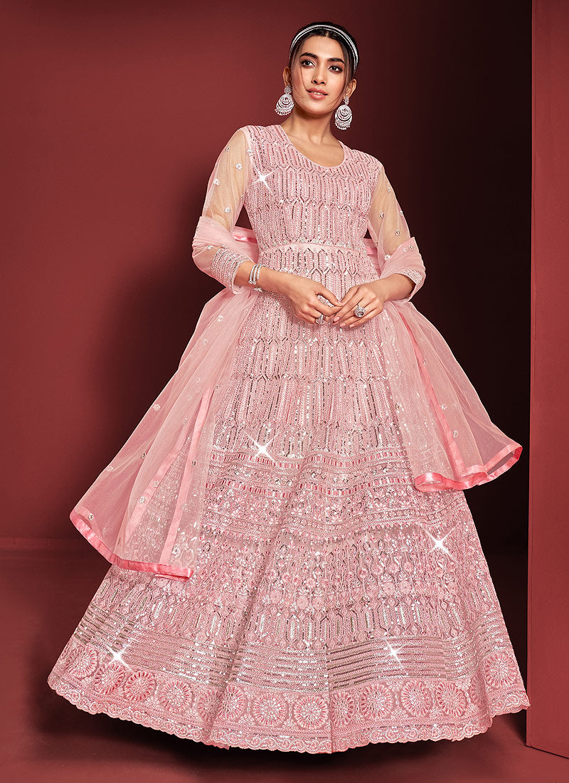 Baby Pink Heavy Embroidered Kalidar Anarkali India Clothing