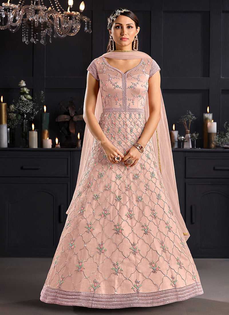 Baby Pink Heavy Floral Embroidered Kalidar Gown Style Anarkali fashionandstylish.myshopify.com