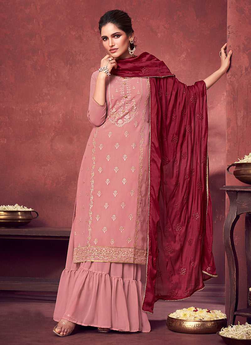 Baby Pink and Maroon Embroidered Sharara Style Suit fashionandstylish.myshopify.com