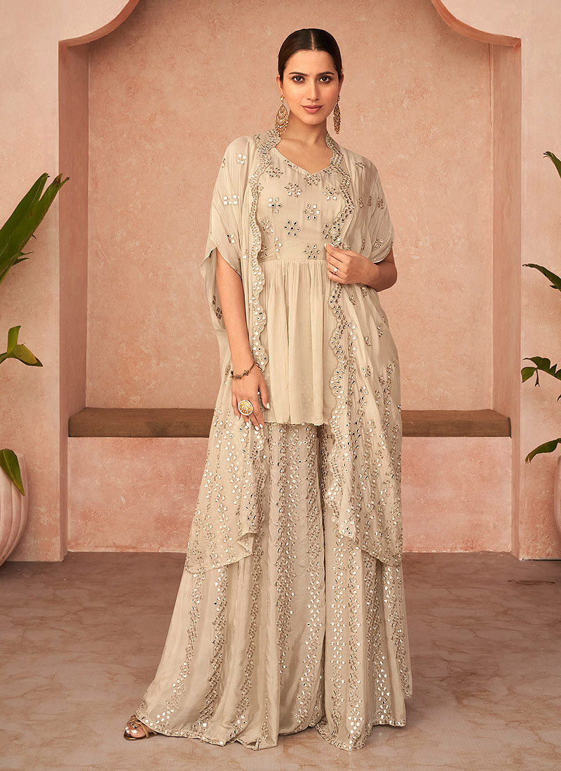 modern sharara dress with jacket Beige Embroidered Jacket Style Sharara Suit