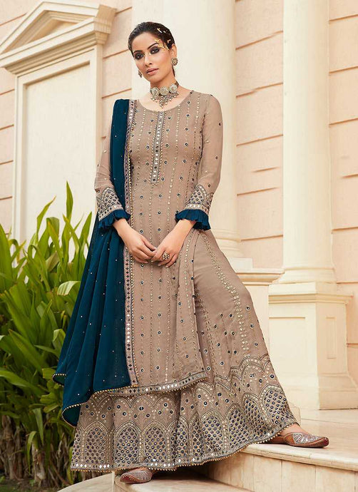 Beige Embroidered Mirror Work Palazzo Style Suit fashionandstylish.myshopify.com