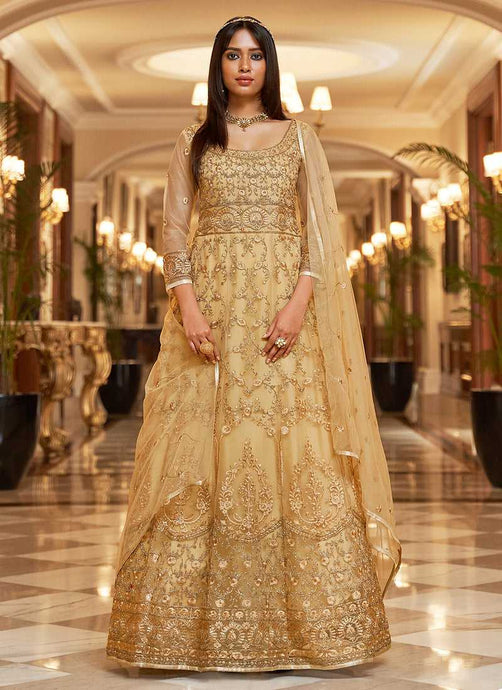 Beige Floral Designer Embroidered Kalidar Anarkali fashionandstylish.myshopify.com