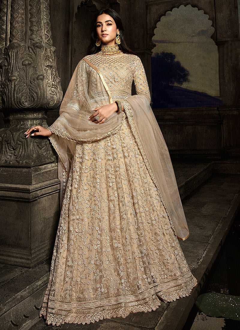 Beige Floral Embroidered Heavy Anarkali Suit fashionandstylish.myshopify.com