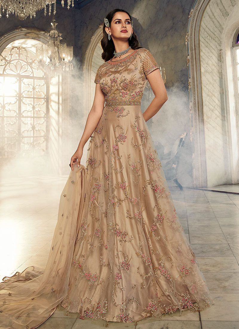 Beige Floral Heavy Embroidered Gown Style Anarkali