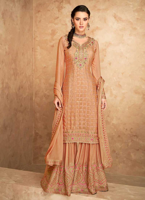 Beige Gold Embroidered Designer Sharara Style Suit fashionandstylish.myshopify.com