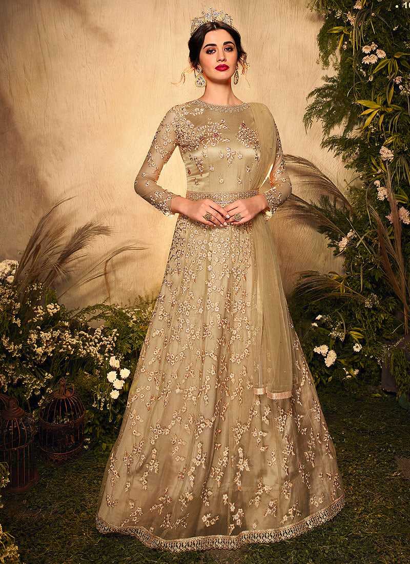 slim fit dress slacks Beige Gold Heavy Embroidered Gown Style Anarkali Suit Beige Gold / Swarovski / Net