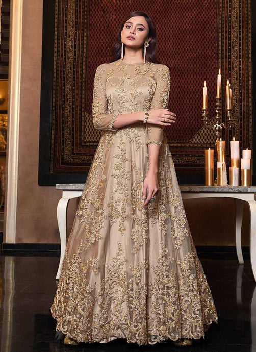 Beige Gold Heavy Embroidered Gown Style Anarkali fashionandstylish.myshopify.com