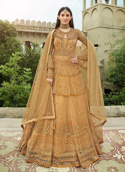 Beige Gold Heavy Embroidered Lehenga Style Anarkali fashionandstylish.myshopify.com