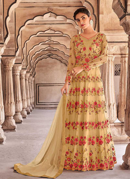 Beige Gold Heavy Embroidered Lehenga Style Anarkali fashionandstylish.myshopify.com