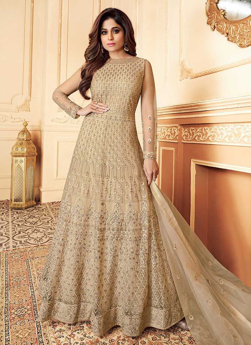 Golden Beige Heavy Designer Work Anarkali Suit - Indian Heavy Anarkali  Lehenga Gowns Sharara Sarees Pakistani Dresses in USA/UK/Canada/UAE -  IndiaBoulevard