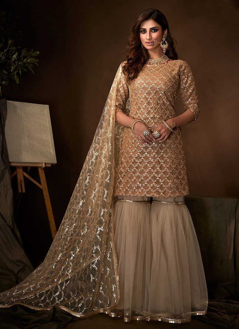 Beige Sequins Work Embroidered Gharara Style Suit fashionandstylish.myshopify.com