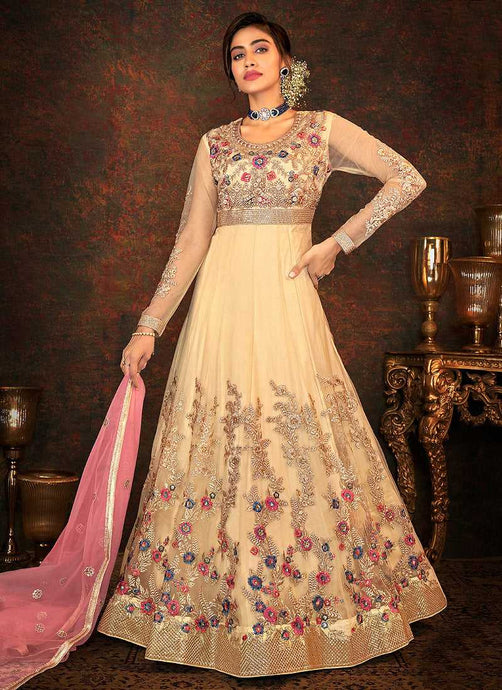 Beige and Gold Floral Embroidered Kalidar Anarkali fashionandstylish.myshopify.com