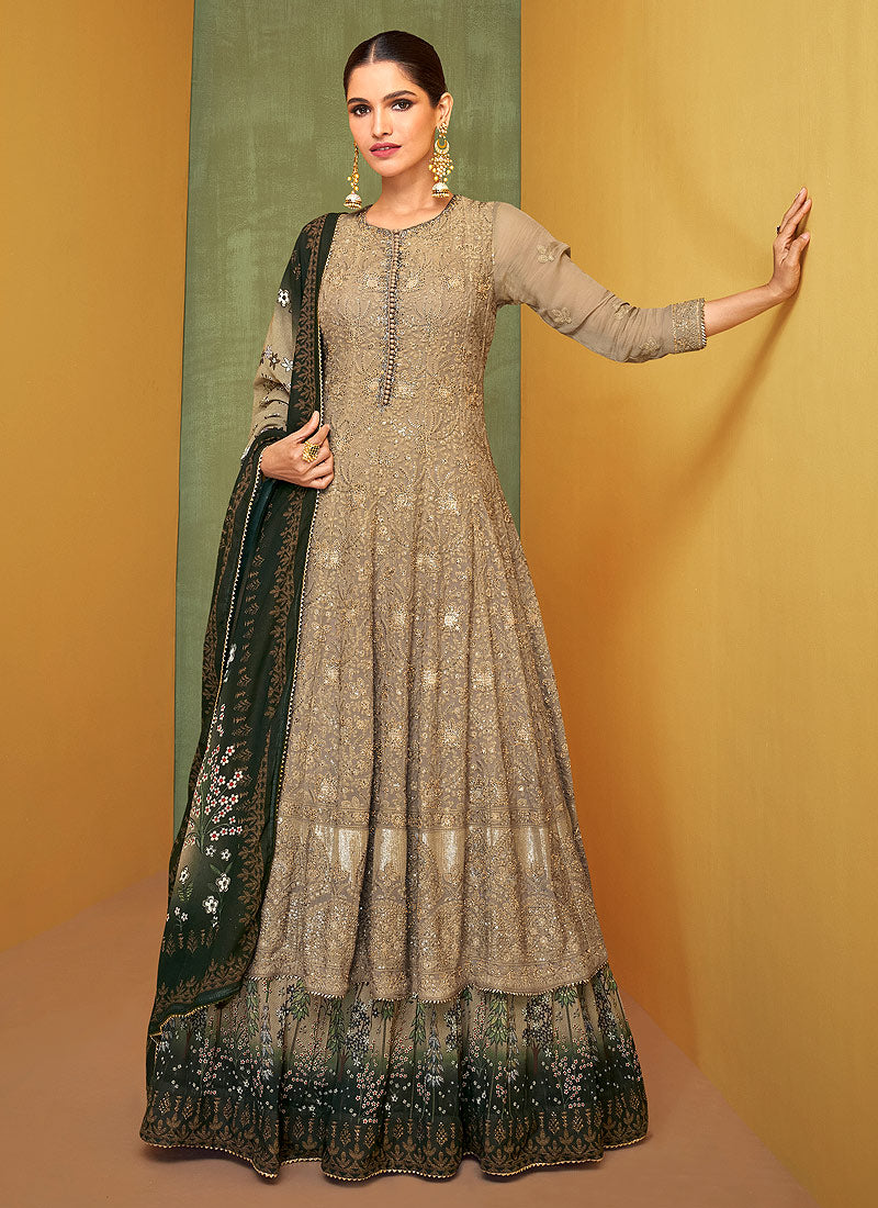Beige and Green Heavy Embroidered Anarkali Suit