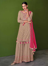 Load image into Gallery viewer, Beige and Pink Embroidered Palazzo Style Suit fashionandstylish.myshopify.com
