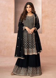 Black Embroidered Sharara Style Suit