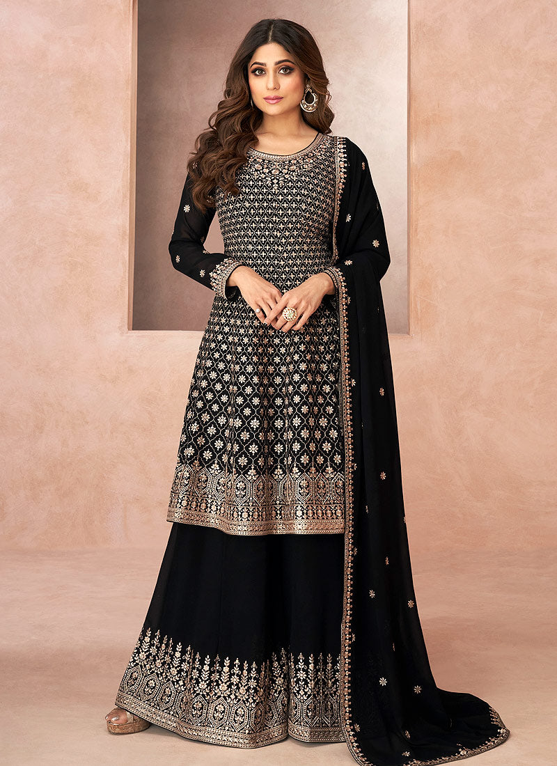 Black Embroidered Sharara Style Suit