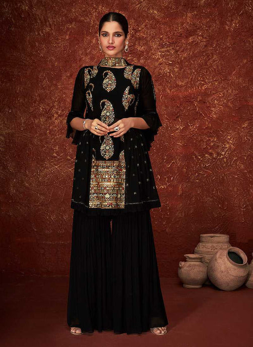 Black Gold Embroidered Sharara Style Suit fashionandstylish.myshopify.com