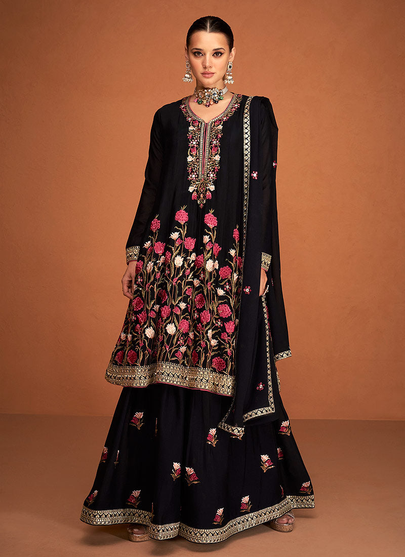 Black Gold Embroidered Sharara Style Suit