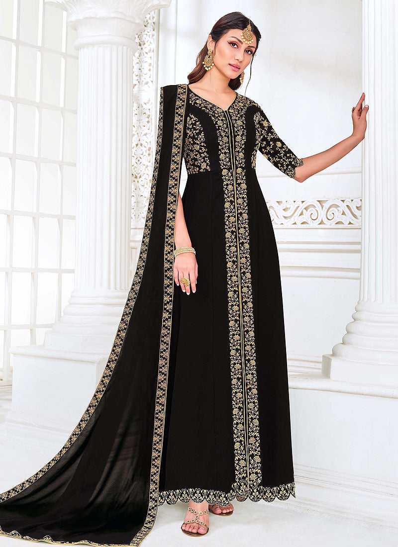 Black Heavy Embroidered High Slit Anarkali Suit Indian Clothing Black / Thread / Georgette