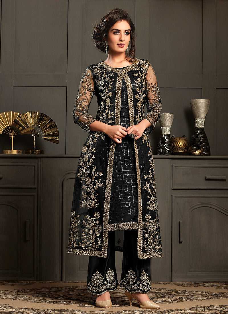 Black Heavy Embroidered Jacket Style Anarkali Suit fashionandstylish.myshopify.com