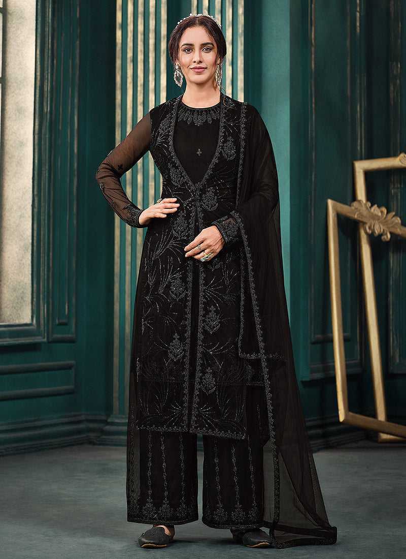 Black Heavy Embroidered Jacket Style Palazzo Suit fashionandstylish.myshopify.com