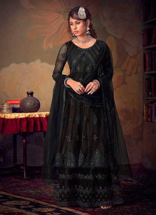 Black Heavy Embroidered Net Sharara Style Suit fashionandstylish.myshopify.com