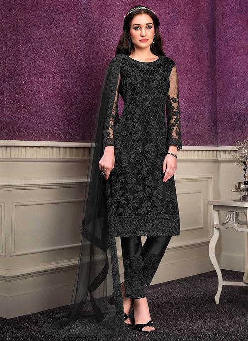 Black Heavy Net Embroidered Straight Pant Style Suit fashionandstylish.myshopify.com