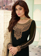 Load image into Gallery viewer, Black and Gold Embroidered Lehenga Style Anarkali Suit fashionandstylish.myshopify.com
