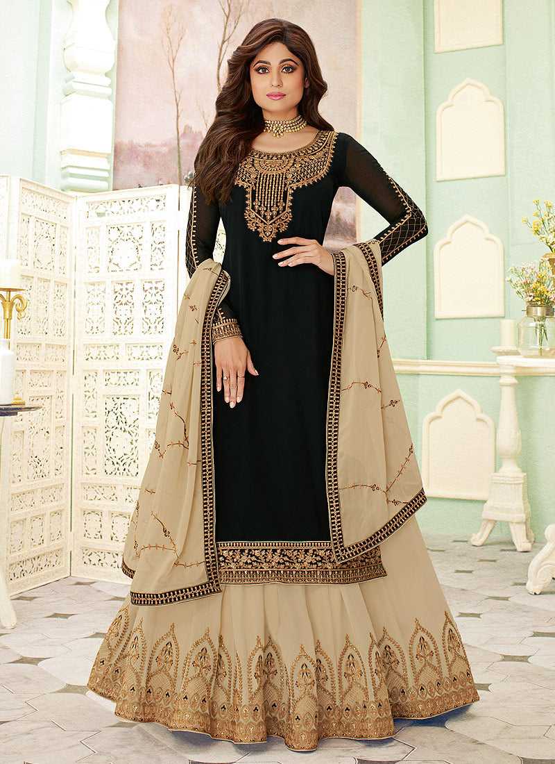 slim fit dress slacks Plus Size Black Gold Printed Anarkali with Dupatta  DESINOOR.COM