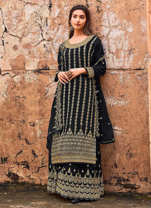 Black and Gold Heavy Embroidered Designer Palazzo Style Suit fashionandstylish.myshopify.com