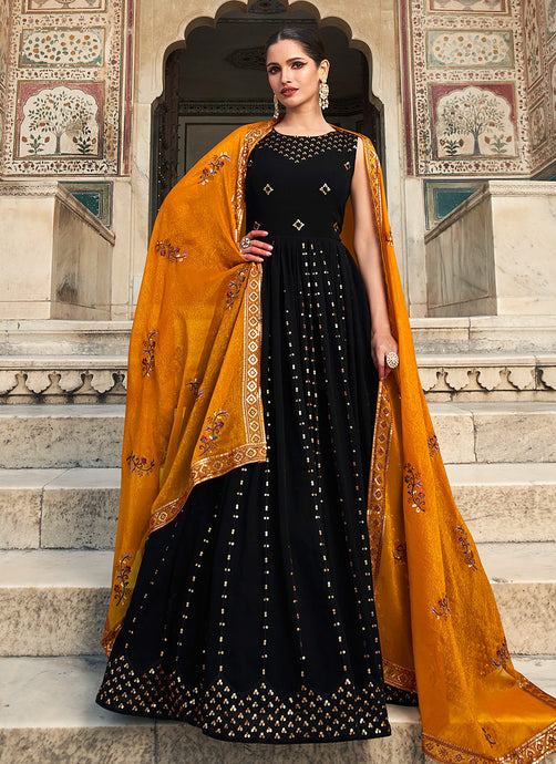Black and Mustard Sequin Embroidered Anarkali
