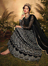 Load image into Gallery viewer, Black and Silver Heavy Embroidered Kalidar Lehenga Style Anarkali fashionandstylish.myshopify.com
