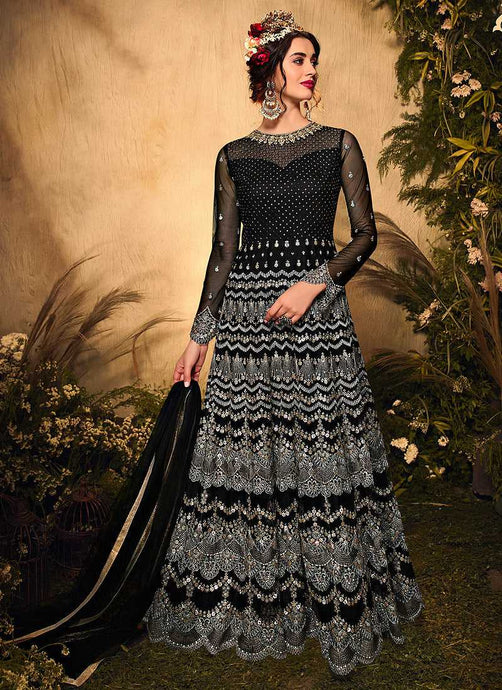 Black and Silver Heavy Embroidered Kalidar Lehenga Style Anarkali fashionandstylish.myshopify.com