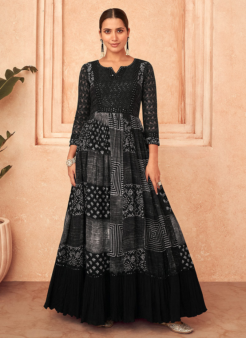 Black and White Embroidered Stylish Anarkali Suit