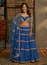 Load image into Gallery viewer, Blue And Gold Stylish Embroidered Lehenga Choli
