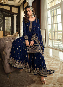 Blue Color Heavy Embroidered Gharara Style Suit