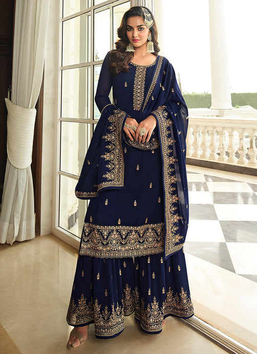 Blue Color Heavy Embroidered Gharara Style Suit