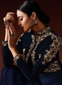 Blue Embroidered Floor Touch Jacket Style Gown fashionandstylish.myshopify.com