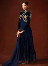 Load image into Gallery viewer, Blue Embroidered Floor Touch Jacket Style Gown fashionandstylish.myshopify.com
