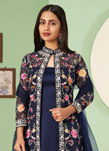 Load image into Gallery viewer, Blue Embroidered Jacket Style Pant Suit
