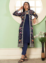 Load image into Gallery viewer, Blue Embroidered Jacket Style Pant Suit
