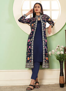 Blue Embroidered Jacket Style Pant Suit