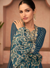 Load image into Gallery viewer, Blue Embroidered Jacket Style Sharara Suit

