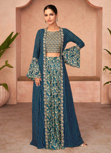 Load image into Gallery viewer, Blue Embroidered Jacket Style Sharara Suit
