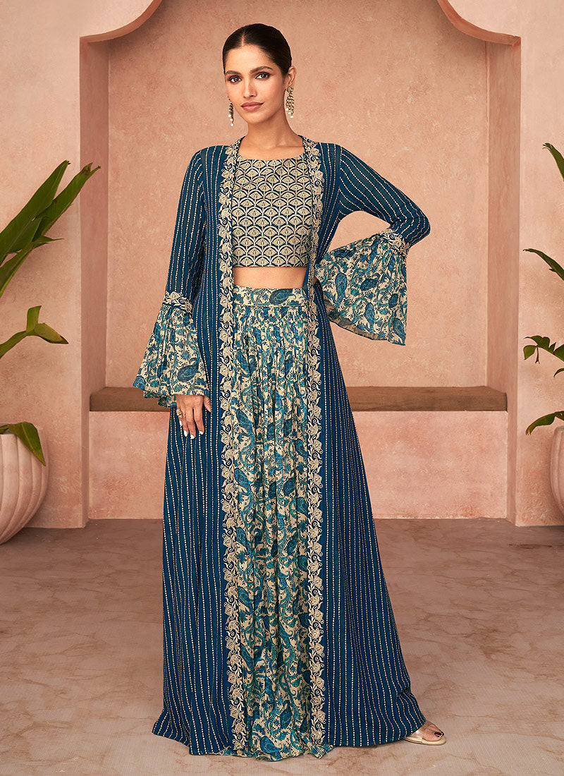 Blue Embroidered Jacket Style Sharara Suit
