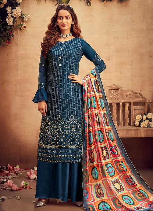 Blue Embroidered Palazzo Style Suit fashionandstylish.myshopify.com