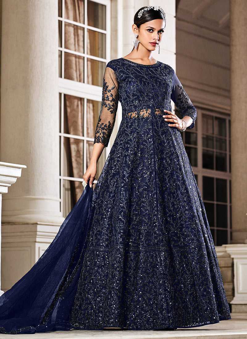 Blue Floral Embroidered Stylish Lehenga/ Pant Style Anarkali-Indian Dress Blue / Sequins / Net Blue Floral Embroidered Stylish Lehenga/ Pant Style Anarkali-Indian Dress Blue / Sequins / Net