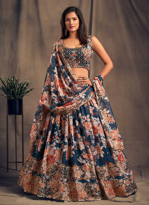 Blue Floral Printed Stylish Embroidered Lehenga Choli fashionandstylish.myshopify.com