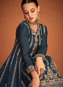 Blue Gold Embroidered Sharara Style Suit