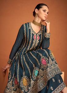 Blue Gold Embroidered Sharara Style Suit